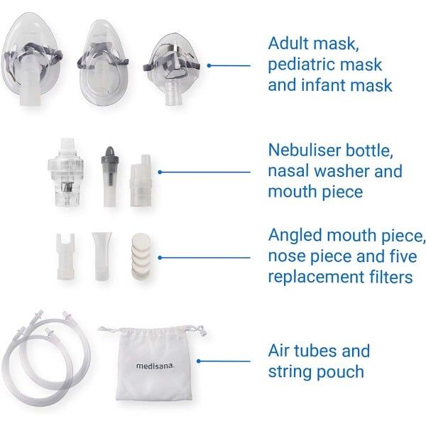 Với phụ kiện khá nhiều, Máy xông mũi họng Medisana IN605 đáp ứng các nhu cầu về xông khí dung tại nhà