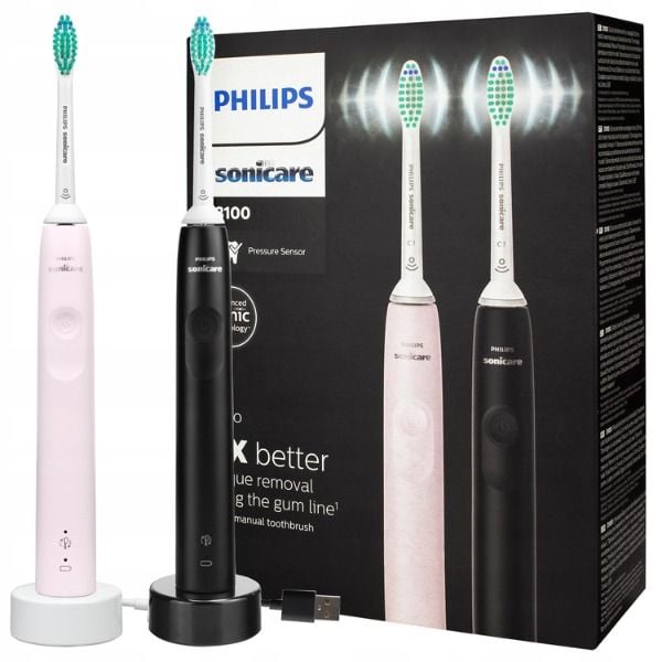 Philips Sonicare 3100 HX3675/13 - Set 2 bàn chải đánh răng điện màu hồng/đen