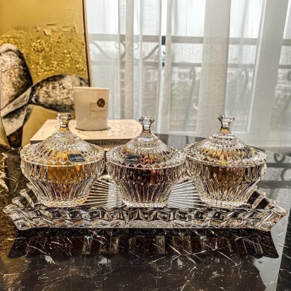 Set Đĩa Thố pha lê Rogaska Crown Jewel 12cm có nắp (1 đĩa, 3 thố)