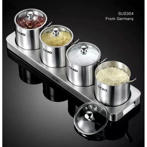 Set 4 hũ đựng gia vị inox nắp thủy tinh CCKO kèm khay