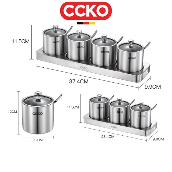 Set 4 hũ đựng gia vị inox nắp thủy tinh CCKO kèm khay