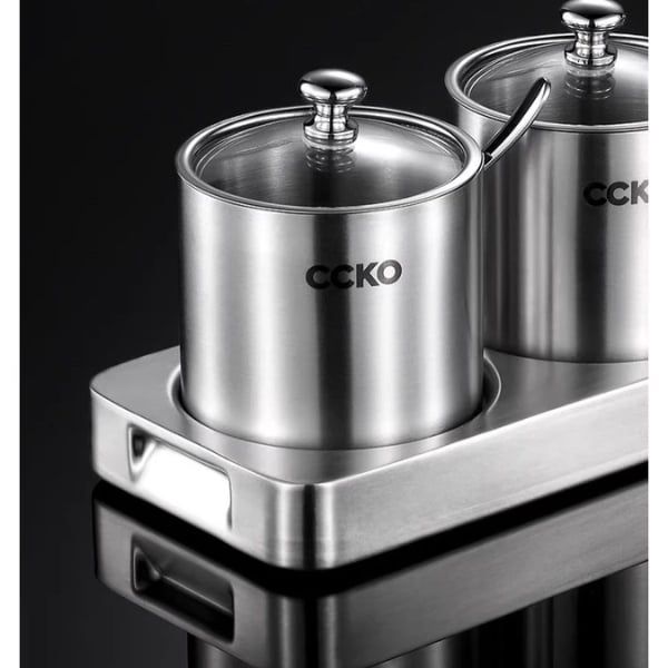 Set 4 hũ đựng gia vị inox nắp thủy tinh CCKO kèm khay