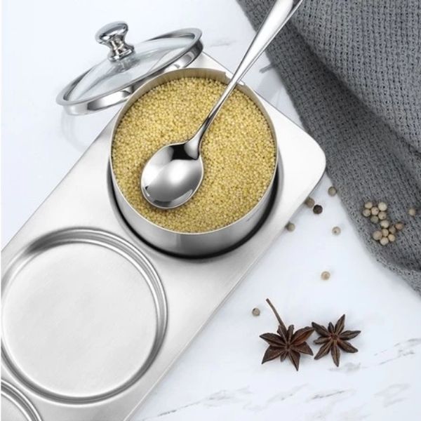 Set 4 hũ đựng gia vị inox nắp thủy tinh CCKO kèm khay
