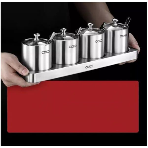 Set 4 hũ đựng gia vị inox nắp thủy tinh CCKO kèm khay