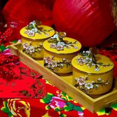  Set 3 thố mứt The National Heritage vẽ vàng 24K kèm khay gỗ 
