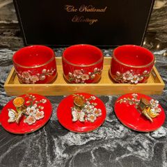  Set 3 thố mứt The National Heritage vẽ vàng 24K kèm khay gỗ 