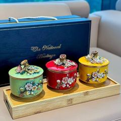  Set 3 thố mứt The National Heritage vẽ vàng 24K kèm khay gỗ 
