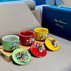  Set 3 thố mứt The National Heritage vẽ vàng 24K kèm khay gỗ 