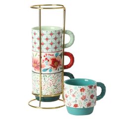  Set 4 cốc gốm kèm giá The Pioneer Woman Merry Meadow 370ml 