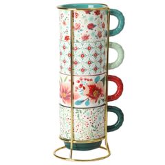  Set 4 cốc gốm kèm giá The Pioneer Woman Merry Meadow 370ml 