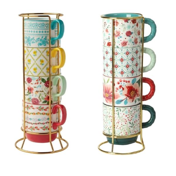 Set 4 cốc gốm kèm giá The Pioneer Woman Merry Meadow 370ml