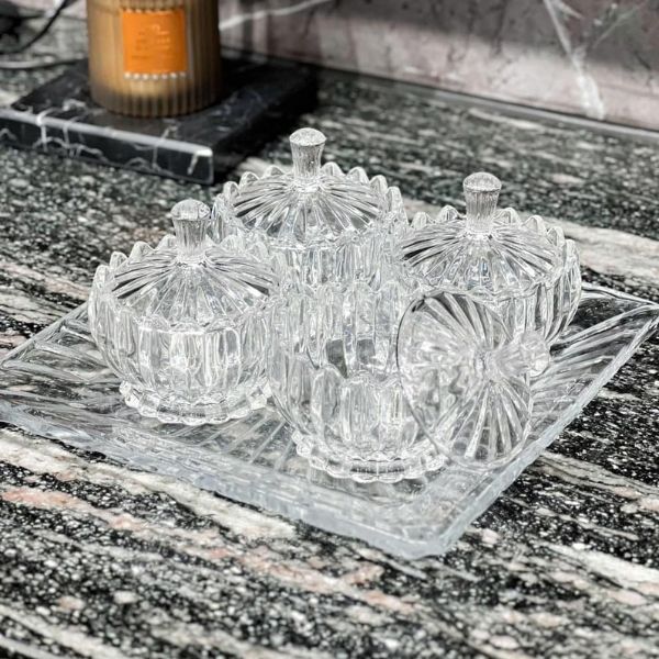 Set 4 thố pha lê tròn Vessen kèm khay vuông