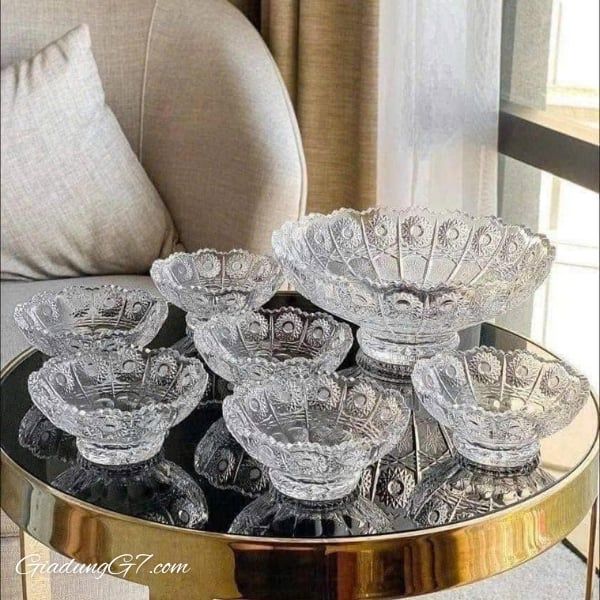 Set 7 chân bồng pha lê mài Bohemia (1 chân bồng 25cm + 6 bát 13cm)