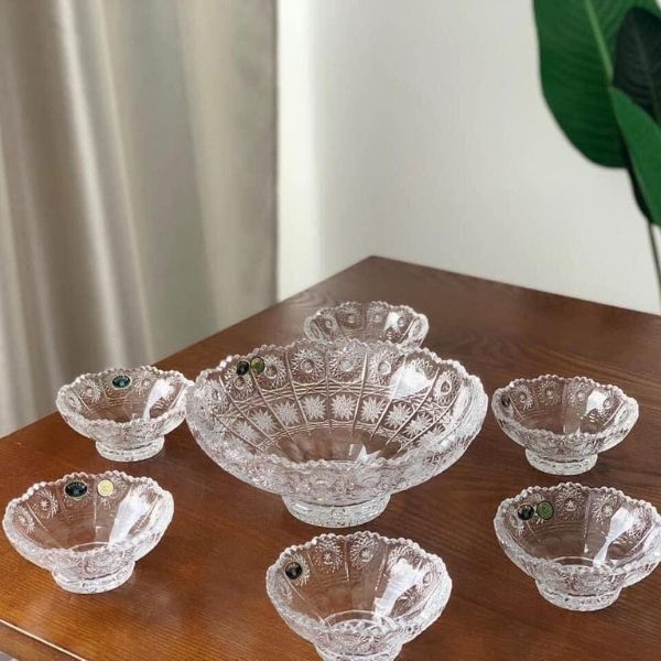 Set 7 chân bồng pha lê mài Bohemia (1 chân bồng 25cm + 6 bát 13cm)