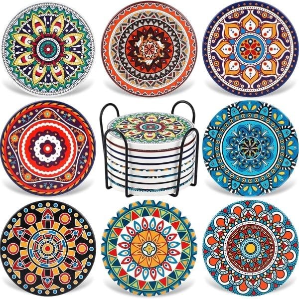 Set 8 Đế Lót Ly Gốm Aodini Mandala 10.4cm - Chống Trượt Đẹp Mắt