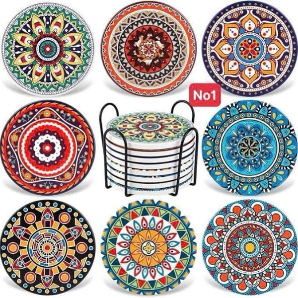 Set 8 Đế Lót Ly Gốm Aodini Mandala 10.4cm - Chống Trượt Đẹp Mắt