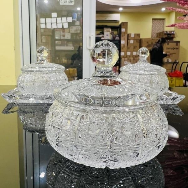 Set pha lê mài Bohemia Arcade Europe M57 - Tiệp Khắc 3 thố, 1 đĩa dài
