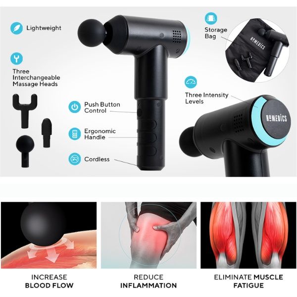 Súng massage HoMedics PGM-200 pin sạc với 3 cường độ và 3 đầu massage