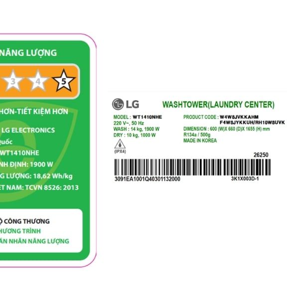 Tháp giặt sấy LG WashTower WT1410NHE Giặt 14kg sấy 10kg
