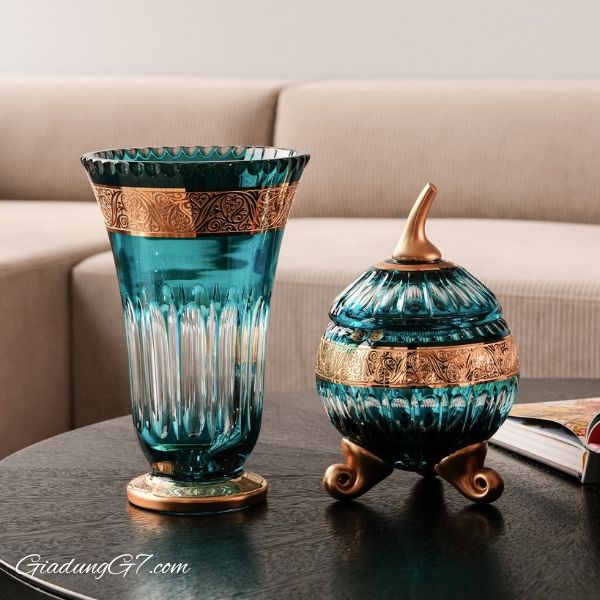 Thố pha lê Tyrkys Ales Zverina 25cm 3 chân xanh ngọc hình quả táo