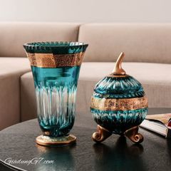  Thố pha lê quả táo Tyrkys Ales Zverina 25.5cm 3 chân xanh ngọc 