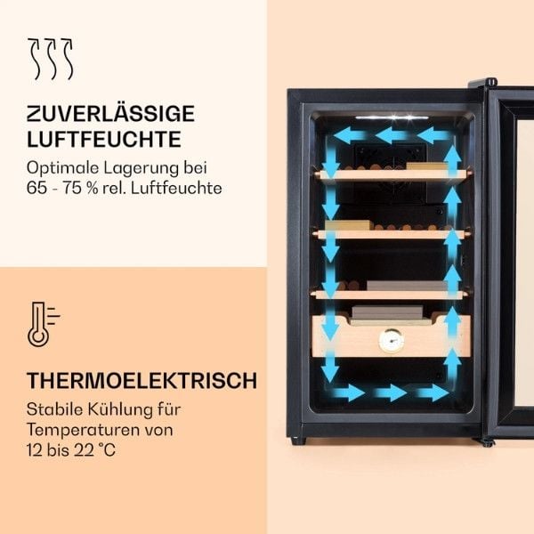 Tủ trữ cigar Klarstein 48l có ba mức lưu trữ và ngăn chứa làm bằng gỗ tuyết tùng cung cấp nhiều không gian cho xì gà của bạn