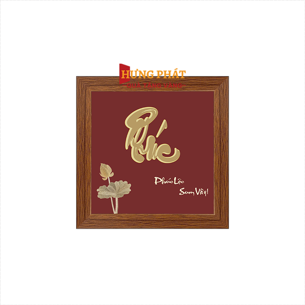 Tranh Chữ Phúc Hoa Sen Dát Vàng 24K 15x15cm
