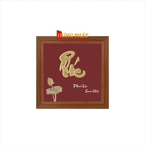 Tranh Chữ Phúc Hoa Sen Dát Vàng 24K 15x15cm