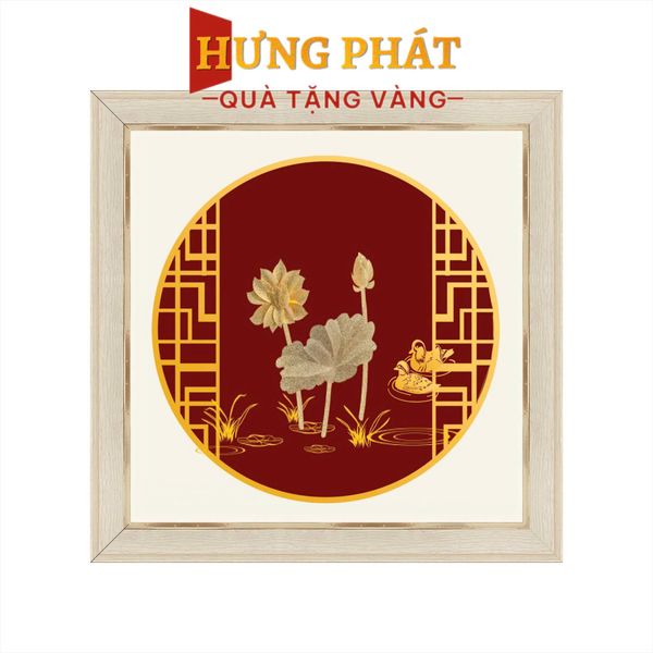 Tranh Hoa Sen Vịt Uyên Ương Dát Vàng 24K 26x26cm