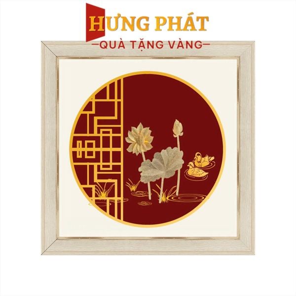 Tranh Hoa Sen Vịt Uyên Ương Dát Vàng 24K 26x26cm