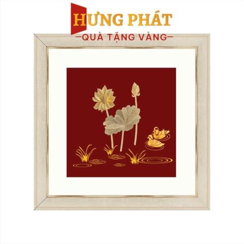 Tranh Hoa Sen Vịt Uyên Ương Dát Vàng 24K 26x26cm
