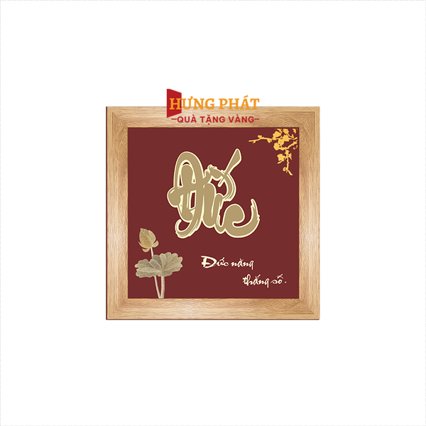 Tranh Chữ Đức Hoa Sen Dát Vàng 24K 15x15cm