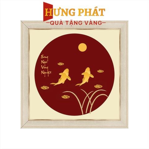 Tranh Song Ngư Vọng Nguyệt Dát Vàng 24K 26x26cm