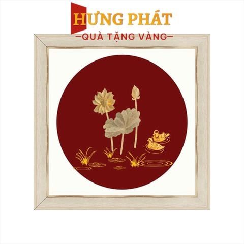 Tranh Hoa Sen Vịt Uyên Ương Dát Vàng 24K 26x26cm