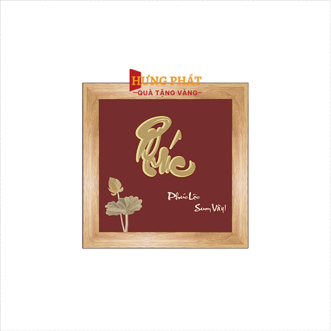 Tranh Chữ Phúc Hoa Sen Dát Vàng 24K 15x15cm