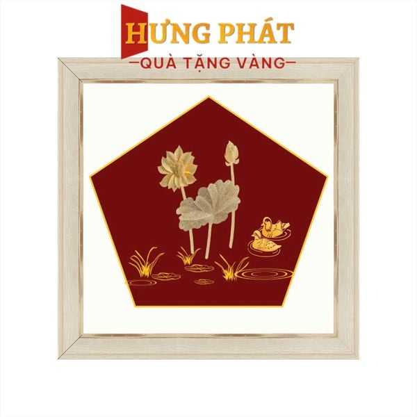 Tranh Hoa Sen Vịt Uyên Ương Dát Vàng 24K 26x26cm