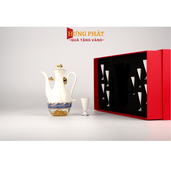 Bộ bình ly uống rượu pha lê sứ đúc vàng QP777 (hoa văn sóng)