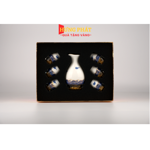 Bộ bình ly uống rượu pha lê sứ đúc vàng GP03 (hoa văn sóng )