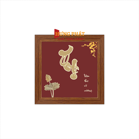 Tranh Chữ Thọ Hoa Sen Dát Vàng 24K 15x15cm
