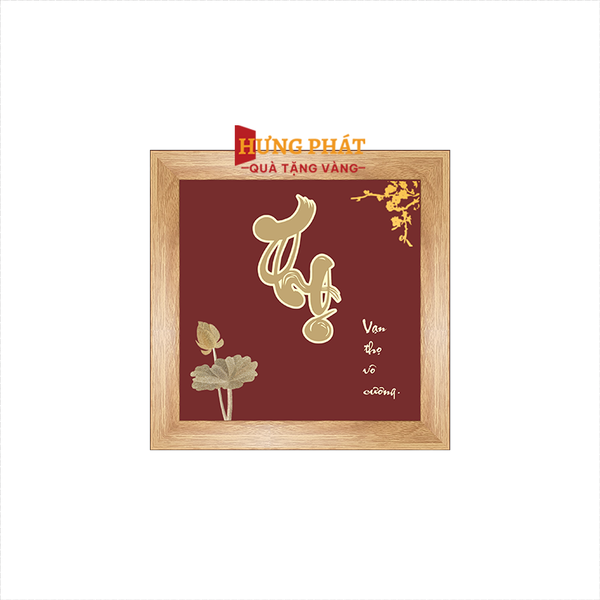 Tranh Chữ Thọ Hoa Sen Dát Vàng 24K 15x15cm
