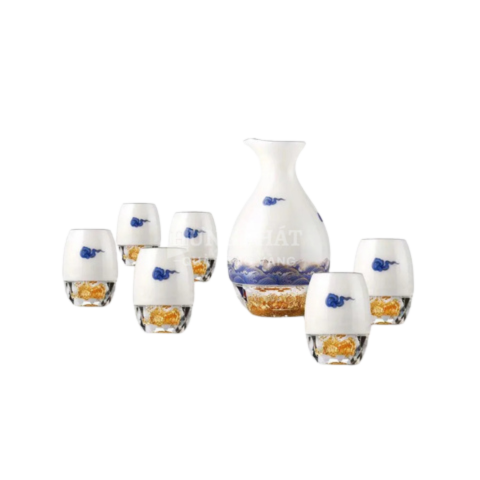 Bộ bình ly uống rượu pha lê sứ đúc vàng GP03 (hoa văn mây)