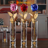 Cành hoa hồng pha lê dát vàng 25cm (màu đỏ)