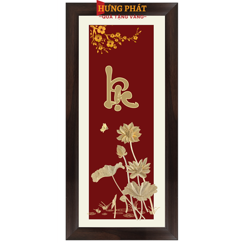 Tranh Chữ Lộc Hoa Sen Dát Vàng 24K 26x55cm