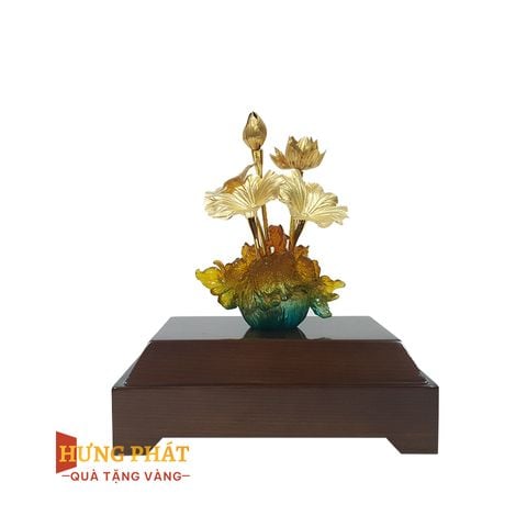 Chậu Sen 5 Cành & Cá Vàng Dát Vàng 24K