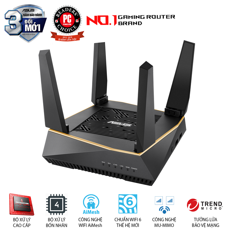  Wireless Router ASUS RT-AX92U 1 Pack (AiMesh Router) Wifi AX6100 3 băng tần, Wifi 6 (802.11ax) 