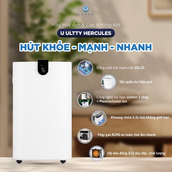 Máy hút ẩm tích hợp tính năng lọc không khí U ULTTY HERCULES - Công suất hút mạnh mẽ 30L/ngày với 4 Chế độ hút ẩm thông minh