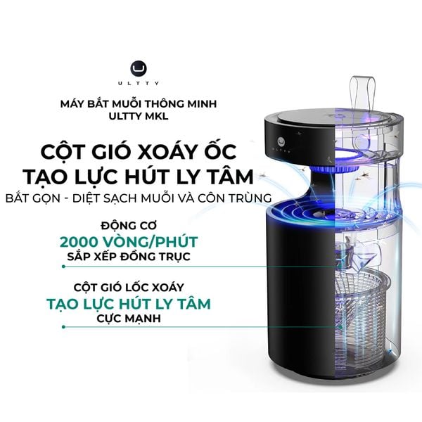 MÁY BẮT MUỖI THÔNG MINH ULTTY MKL - Công nghệ 3 tác động hút muỗi vào bẫy,  Động cơ 2000 vòng/phút