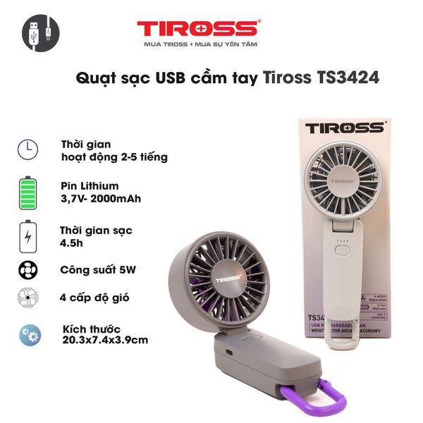 Quạt mini tích điện cầm tay USB Tiross TS3424