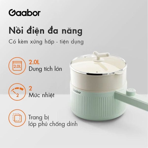 Nồi nấu điện đa năng GAABOR EC-20M01A, dung tích 2 lít, 600W, vân đá chống dính kèm xửng hấp
