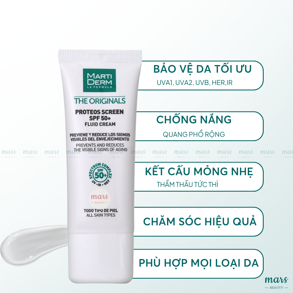  Kem Chống Nắng Phổ Rộng Toàn Diện Ngừa Lão Hóa MartiDerm The Originals Proteos Screen SPF50+ Fluid Cream - Hàng công ty 